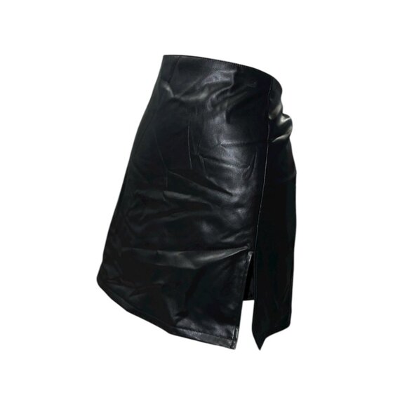 H & M Divided Front Slit Faux Leather Mini Skirt Sz 14 Womens Black - Picture 1 of 9